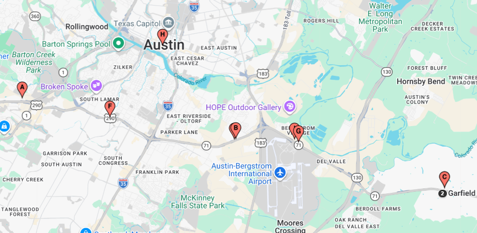 Austin F1 media placement locations map — Circuit of the Americas & Austin-Bergstrom Airport